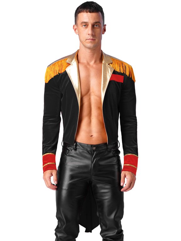 Mens Long Sleeve Tassel Velvet Tailcoat Jacket Coat Adult Halloween Cosplay Circus Ringmaster Black XXL