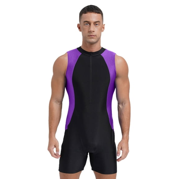 iixpin Mens One Piece Jumpsuit Sleeveless Zipper Unitard Swimming Surfing Swimsuit Athletic Leotards Purple XXL