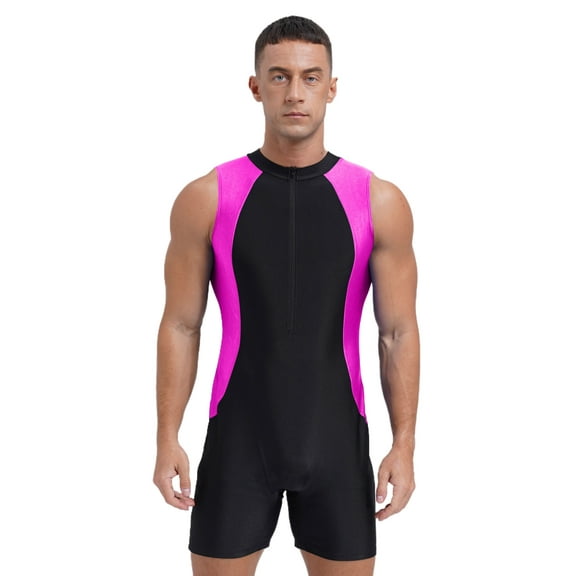 iixpin Mens One Piece Jumpsuit Sleeveless Zipper Unitard Swimming Surfing Swimsuit Athletic Leotards Rose L