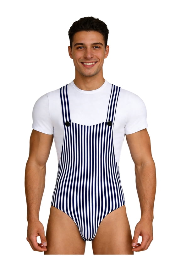 Mens Overalls-style Striped Bodysuit Nightwear Buttoned Crotch Bodysuit Top Pajamas Shirt Navy Blue XXL