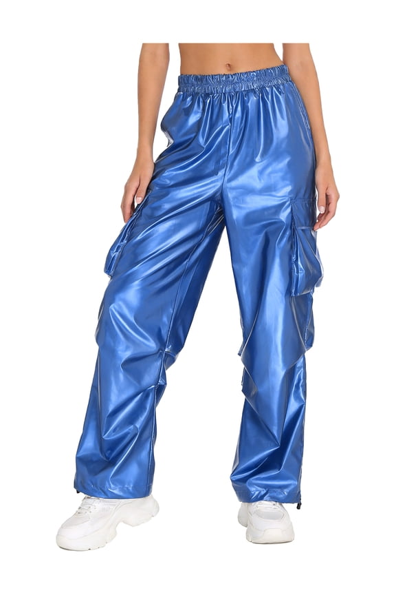 Metallic Shiny Cargo Pants For Women With Elastic Waistband And Pockets For Jazz And Hip Blue M