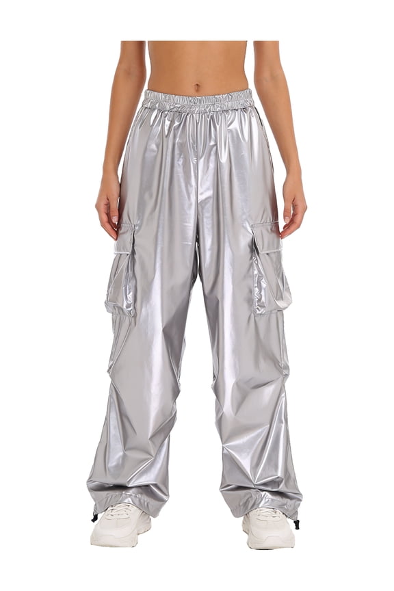 Metallic Shiny Cargo Pants For Women With Elastic Waistband And Pockets For Jazz And Hip Silver M