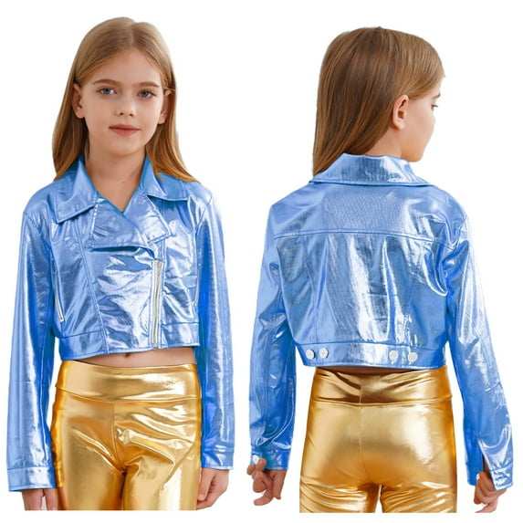 iixpin Metallic Zipper Coat for Girls Boys Motorcycle Biker Jacket Hip-Hop Jazz Dance Costume Dancewear Blue 16