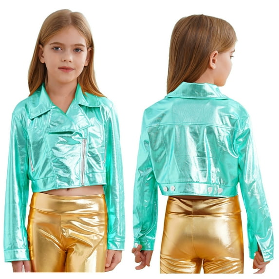 iixpin Metallic Zipper Coat for Girls Boys Motorcycle Biker Jacket Hip-Hop Jazz Dance Costume Dancewear Light Green 10