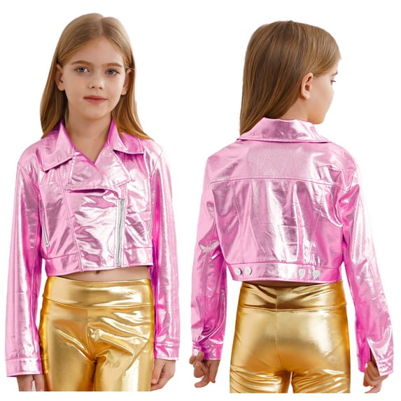 iixpin Metallic Zipper Coat for Girls Boys Motorcycle Biker Jacket Hip-Hop Jazz Dance Costume Dancewear Pink 6