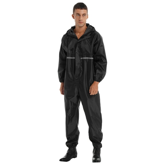 iixpin One Piece Rain Suit For Men Motorcycle Rain Suit Waterproof Jumpsuit Reflective Strip Rainsuit Black 165/M