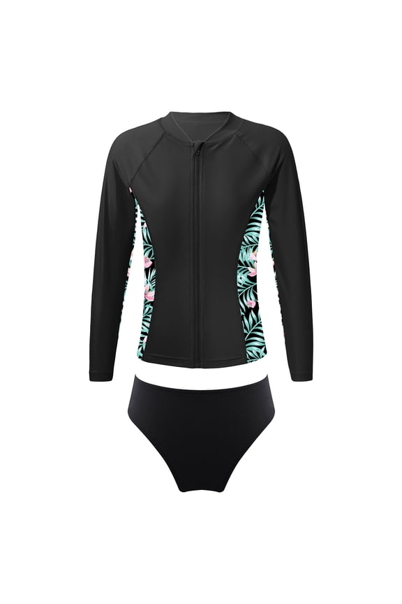Rash Guard Sets for Girls Upf 50+ Long Sleeve Swim Zip Up Coat with Bikini Brief Bathing Suits Black 8