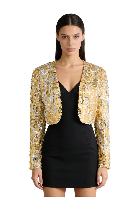 Sequins Crop Jacket for Women's Biker Moto Shiny Jacket Coat Long Sleeve Outerwear Gold One Size