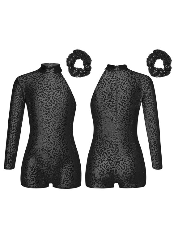 Sequins Leotards for Girls Gymnastics Shorty Unitards Kids Dance Biketards with Shorts Jazz Dancewear Black 14