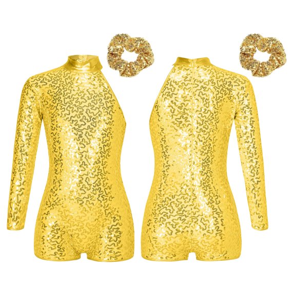 iixpin Sequins Leotards for Girls Gymnastics Shorty Unitards Kids Dance Biketards with Shorts Jazz Dancewear Gold 16