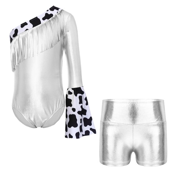 iixpin Shimmer Western Dance Bodysuit for Girls, Disco-Inspired Long Sleeve Unitard with Metallic Finish Silver 8