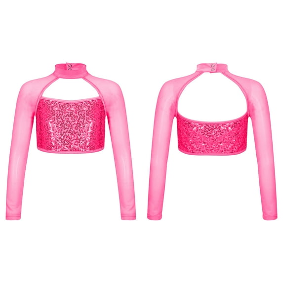 iixpin Shiny Sequin Crop Top for Girls Long Sleeve Mock Neck Jazz Hip Hop Ballet Dance Tops Dancewear Hot Pink 8