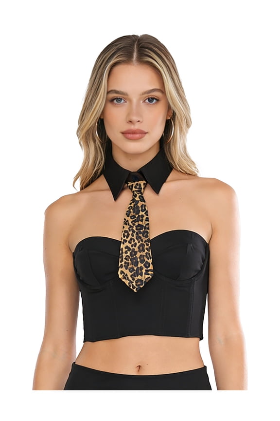Strapless Corset Top Set for Women, Chic Bustier with Detachable Collar & Leopard Tie Black S