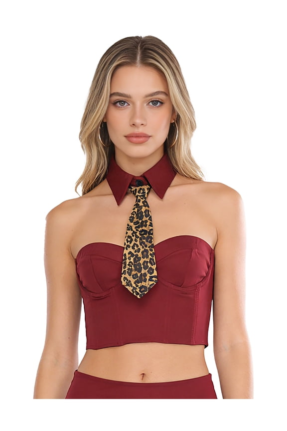 Strapless Corset Top Set for Women, Chic Bustier with Detachable Collar & Leopard Tie Burgundy S