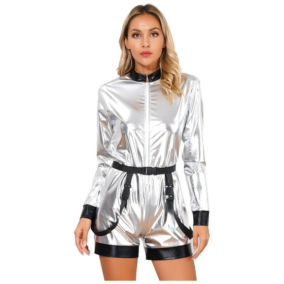 iixpin Women Astronaut Space Costume Shiny Metallic Zipper Bodysuit with Belt Set Halloween Dress Up Silver S