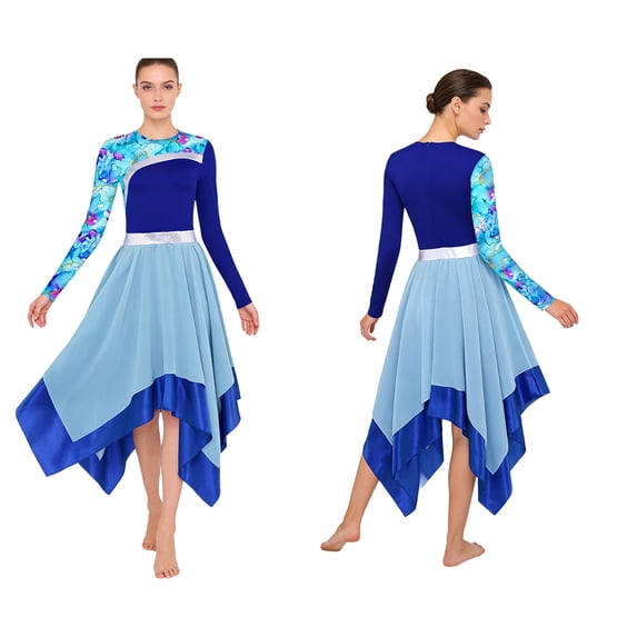iixpin Women Liturgical Praise Dance Dresses Long Sleeve Printed Church Worship Dancewear For Themed Party Royal Blue XL