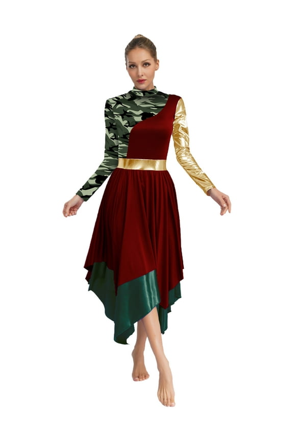 Women Metallic Liturgical Praise Dance Dress Long Sleeve Camouflage Print Worship Overlay Burgundy M
