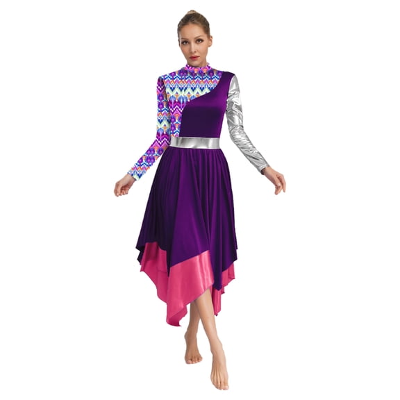 iixpin Women Metallic Liturgical Praise Dance Dress Long Sleeve Camouflage Print Worship Overlay Purple S
