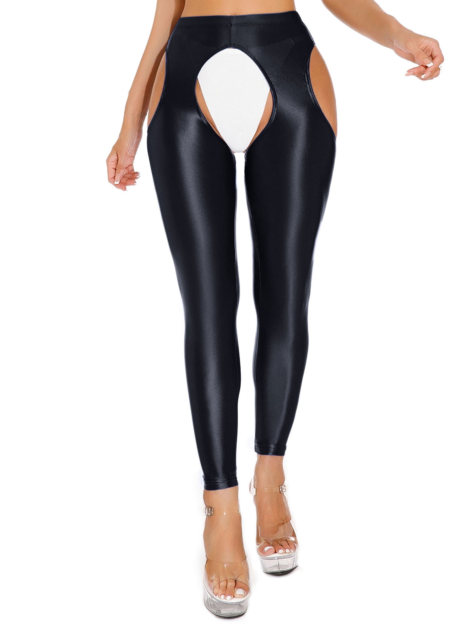 iixpin Women Oil Glossy Crotchless Pantyhose High Waist Stockings Yoga