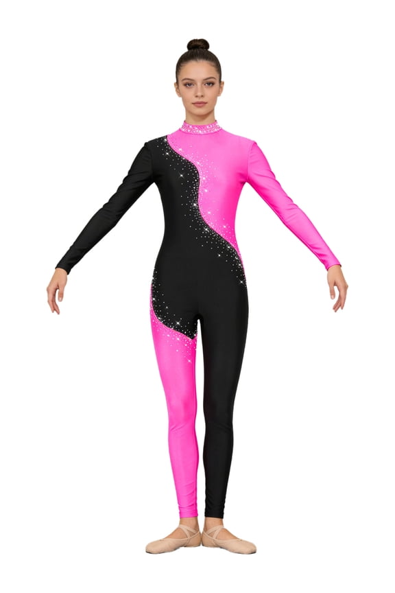 Women Rhinestones Gymnastics Workout Unitard Figure Skating Catsuit Jumpsuit One Piece Dance Bodysuits Hot Pink S