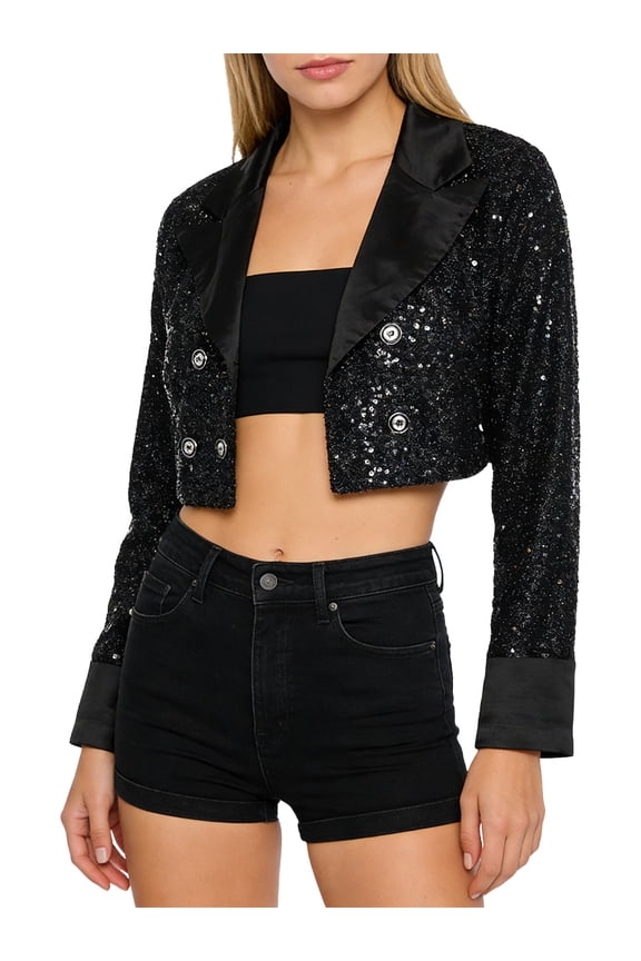 Women Sequins Crop Jackets Glitter Cropped Blazer Bolero Shrug Sparkly Crop Sequin Blazer Jacket Black M