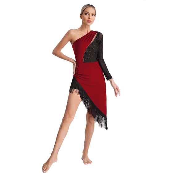 iixpin Women Tassel Fringed Latin Salsa Samba Dance Dress Long Sleeves Asymmetric Ballroom Dancewear Burgundy S