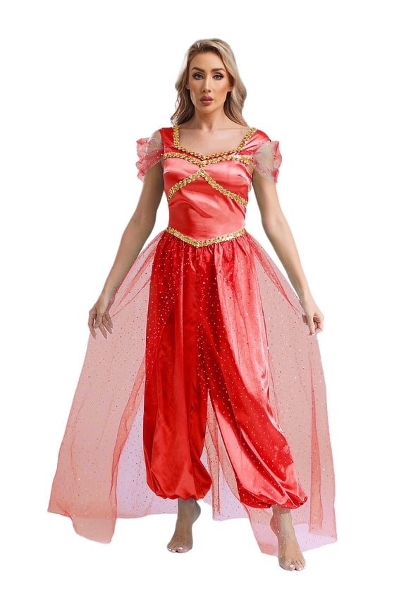 Women's Arabian Princess Sequins Belly Dance Costume Sleeveless Romper Jumpsuit Burgundy M