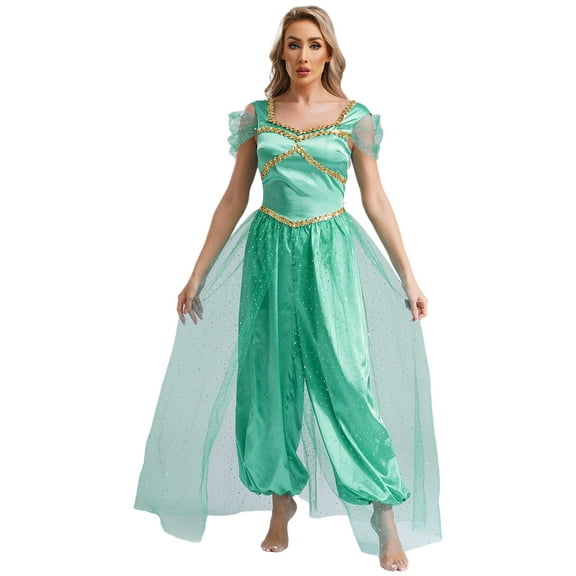 iixpin Women's Arabian Princess Sequins Belly Dance Costume Sleeveless Bollywood Romper Jumpsuit Turquoise 4XL