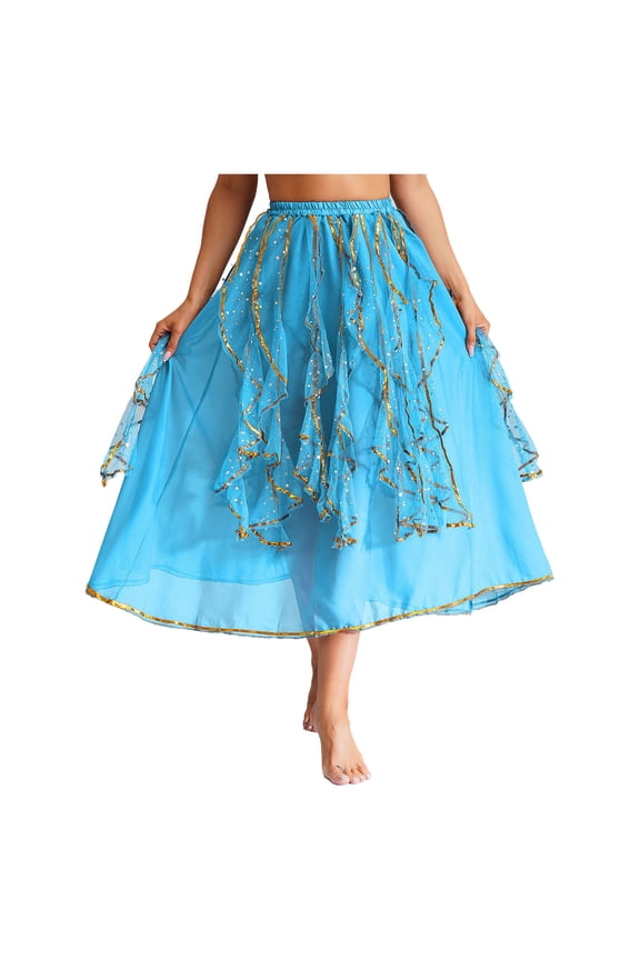 Women's Belly Dance Costume Belly Dancing Skirts Ruffle Maxi Skirt Gold Trim Dance Dress Blue S