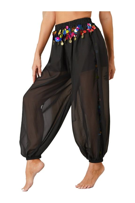 Women's Belly Dance Harem Pants Shiny Sequin Tassel Trouser Arabic Performance Loose Pants Black One Size