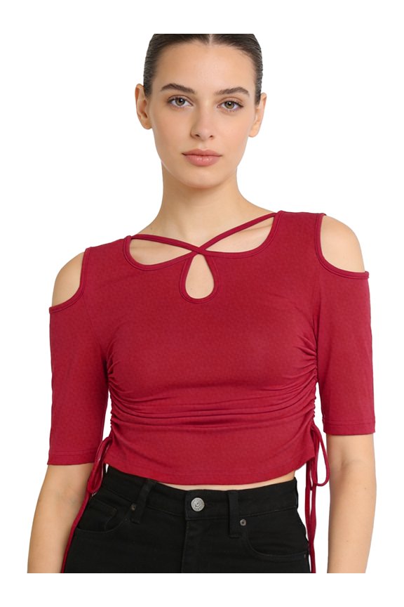 Women's Cold Shoulder Half Sleeve Dance T-shirt Tango Latin Practice Dance Outfit Burgundy M