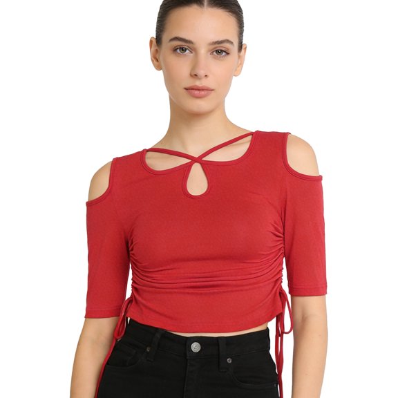 iixpin Women's Cold Shoulder Half Sleeve Dance T-shirt Tango Latin Practice Dance Outfit Red M