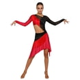 thumbnail image 1 of iixpin Women's Latin Tassel Dance top and Irregular Hem Skirt 2 piece sets for Ballroom Cha-cha Rumba Tango Red S, 1 of 5