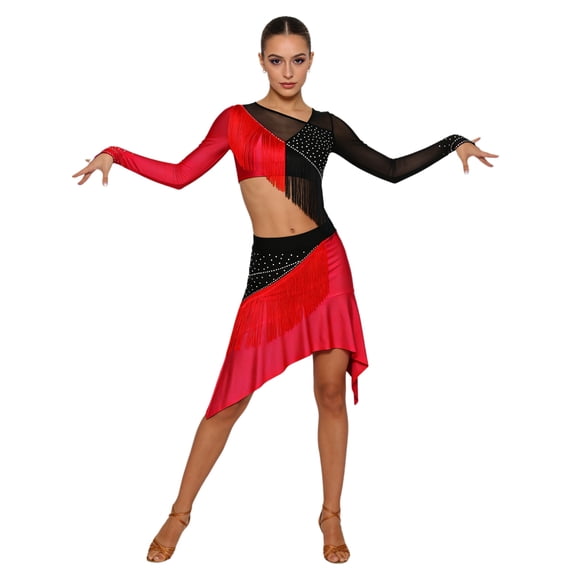 iixpin Women's Latin Tassel Dance top and Irregular Hem Skirt 2 piece sets for Ballroom Cha-cha Rumba Tango Red S