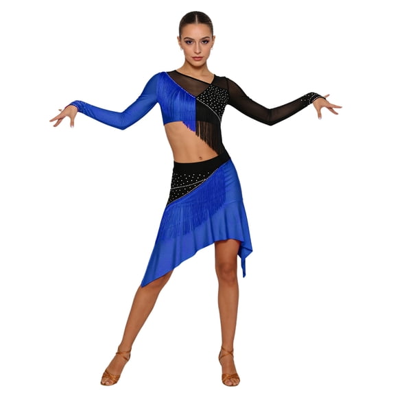 iixpin Women's Latin Tassel Dance top and Irregular Hem Skirt 2 piece sets for Ballroom Cha-cha Rumba Tango Royal Blue M