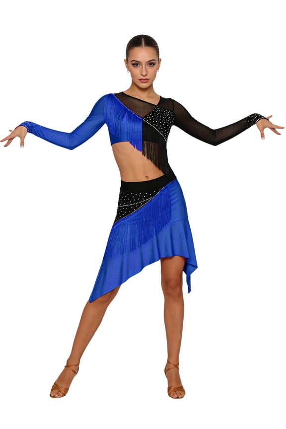 Women's Latin Tassel Dance top and Irregular Hem Skirt 2 piece sets for Ballroom Cha-cha Rumba Tango Royal Blue S