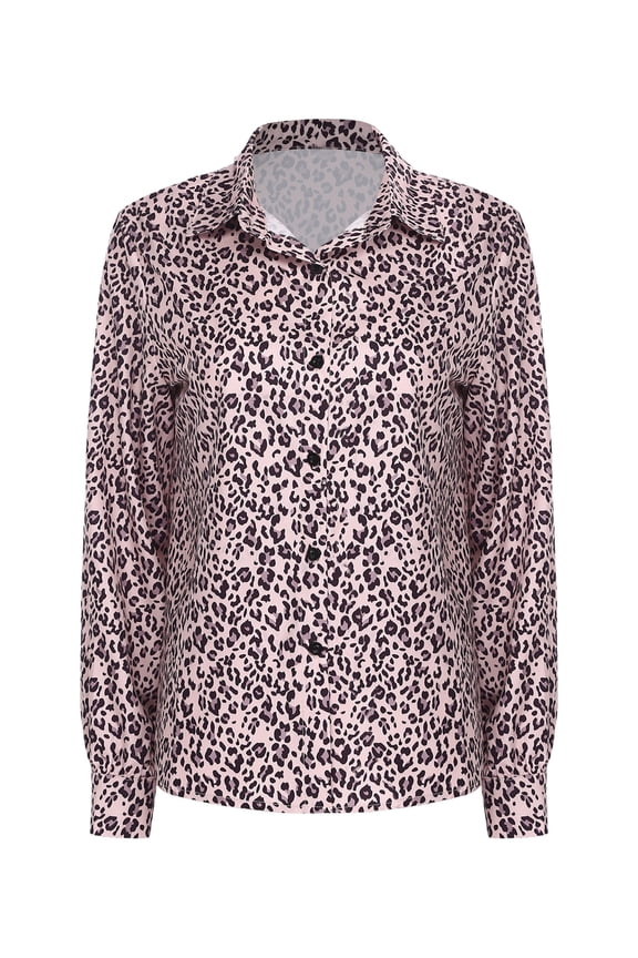 Women's Leopard Print Button Up Blouses Long Sleeve Satin Silk Blouse Top for Office Work Club Party Light Brown M