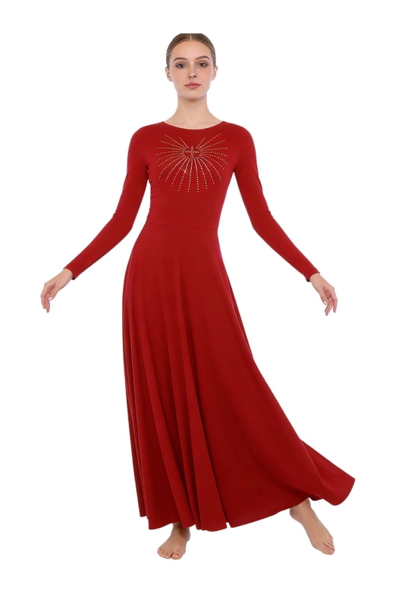 Women's Liturgical Praise Dance Dress Solid Color Rhinestones Long Sleeve Crew Neck A-line Maxi Dress Red S