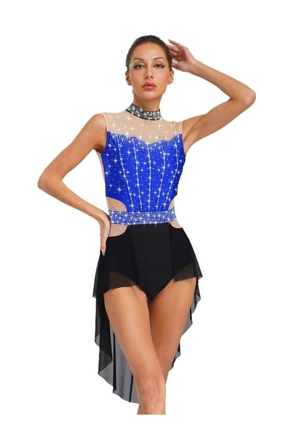 Women's Lyrical Dance Leotard Shirt Rhinestone Ballroom Jazz Tango Dancewear Prom Party Blue XXL