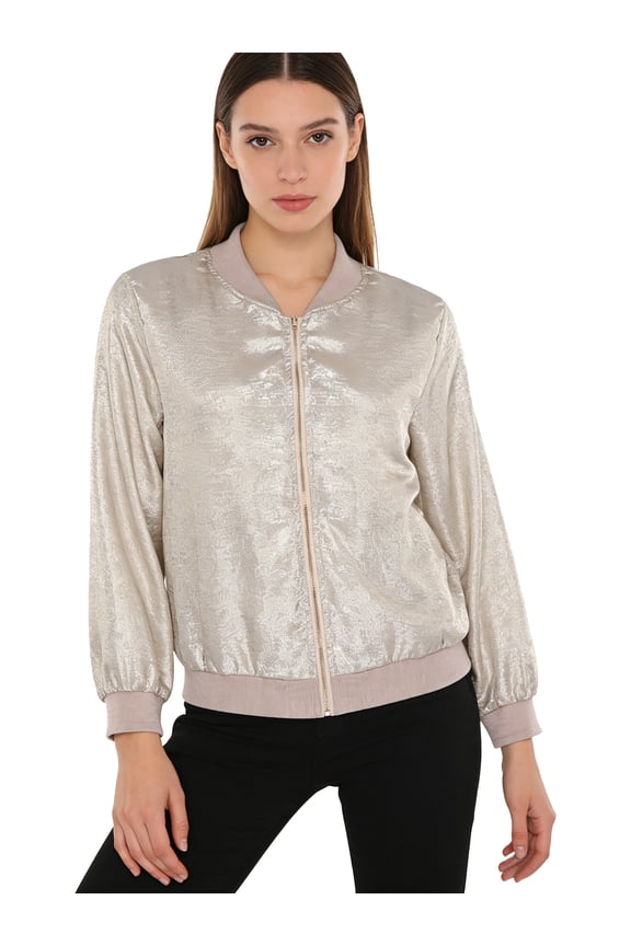 Women's Metallic Baseball Jacket Long Sleeve Zip Up Lightweight Outerwear Bomber Coat Casual Champagne M