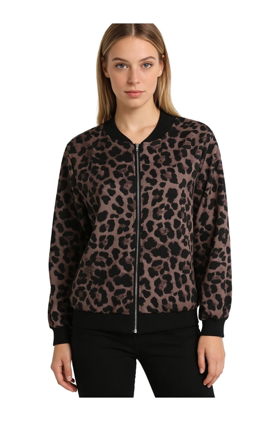 Women's Metallic Baseball Jacket Long Sleeve Zip Up Lightweight Outerwear Bomber Coat Casual Leopard M