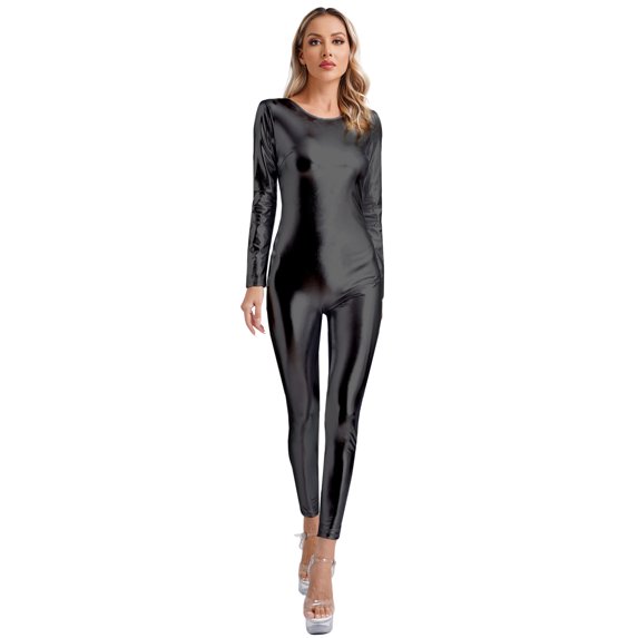 iixpin Women's Metallic Shiny Long Sleeve Back Zipper Jumpsuit One Piece Full Body Fitness Bodysuit Black S