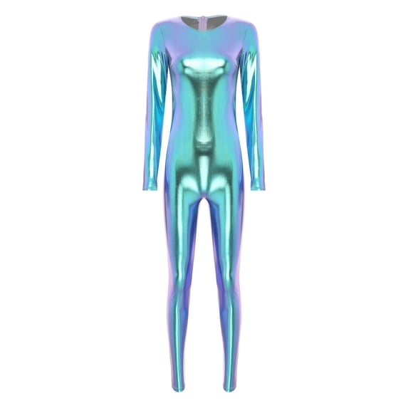 iixpin Women's Metallic Shiny Long Sleeve Back Zipper Jumpsuit One Piece Full Body Fitness Bodysuit Blue XXL