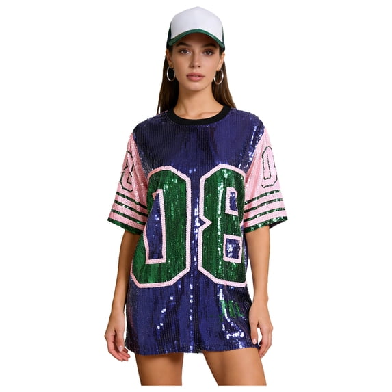 iixpin Women's Number Name Sequin Dress Shirt Short Sleeve Oversized T-Shirt Sweatshirt Blue One Size