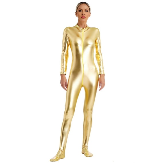 iixpin Women's One-Piece Gymnastics Leotard Spandex Zentai Unitard Body Suit Dancewear Jumpsuit Gold XL