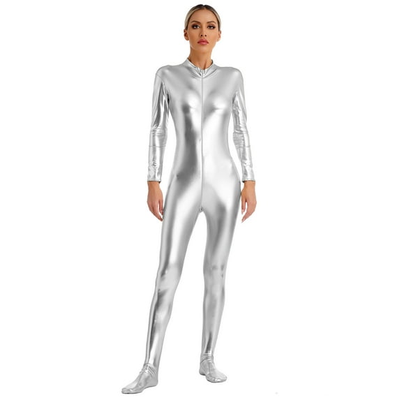 iixpin Women's One-Piece Gymnastics Leotard Spandex Zentai Unitard Body Suit Dancewear Jumpsuit Silver 3XL