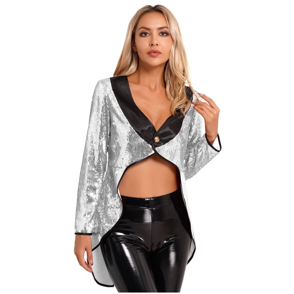 iixpin Women's Sequin Steampunk Tail Coat Ringmaster Cosplay Circus Show Blazer Jacket Party Wear Silver 3XL