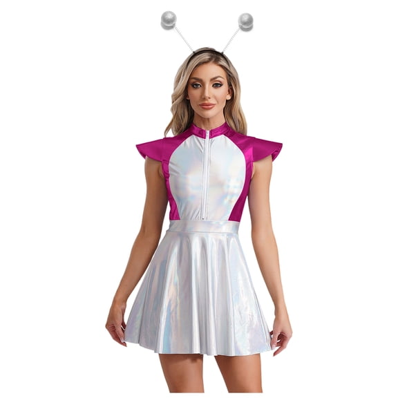 iixpin Women's Shiny Metallic Alien Costume Astronaut Uniform Space Cadet Fancy Dress Outfits Set Hot Pink 4XL