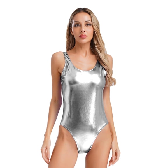 iixpin Women's Shiny Metallic Ballet Dance Sleeveless Bodysuit Gymnastics Tank Leotard Jumpsuits Silver XL