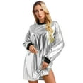 thumbnail image 1 of iixpin Women's Shiny Metallic Long Sleeve T-shirt Dress Holographic Club Dance Loose Mini Dress Silver M, 1 of 4